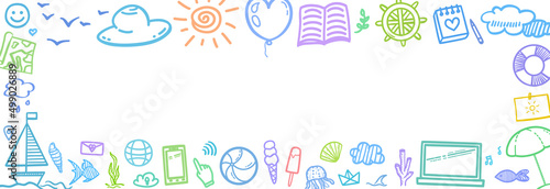 Hand drawn colored holiday elements. Colorful sketchy doodles. Summer holidays. Vacation trip. Web banner
