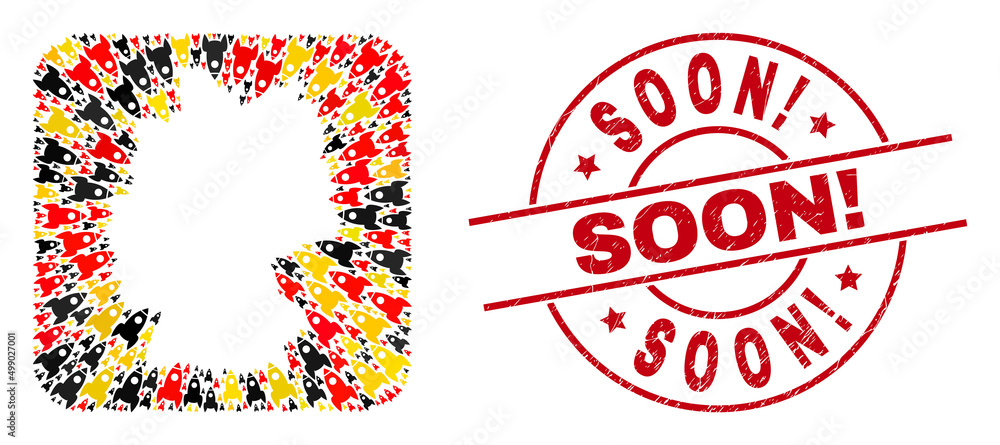 Germany map collage in Germany flag official colors - red, yellow, black, and grunge Soon! red circle stamp imitation. Soon! badge uses vector lines and arcs. Germany map collage in Germany flag official colors - red, yellow, black, and grunge Soon! red circle stamp imitation. Soon! badge uses vector lines and arcs.
