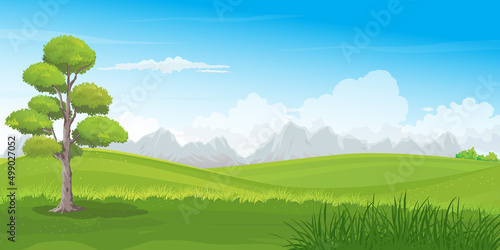 Nature landscape of green meadow with mountain range and cloudy blue sky background, vector illustration.