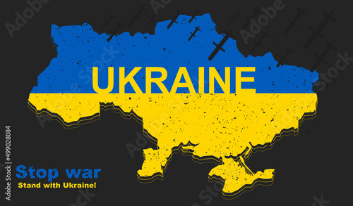 Stop the war and stand with Ukraine concept. Poster with map or borders of Ukraine, yellow blue flag and falling destructive missiles. Russian military aggression. Cartoon flat vector illustration