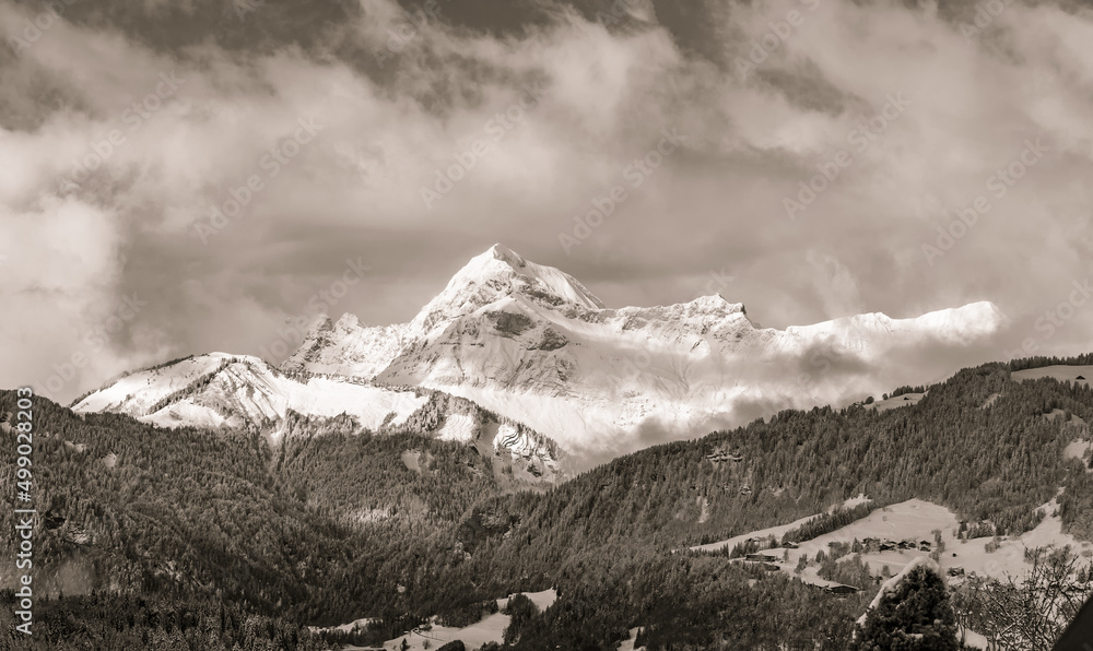 illustration d'un paysage de montagne sous la neige sous un ciel nuageux en noir et blanc