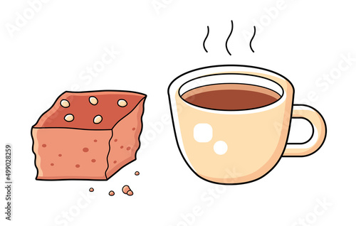 Hot espresso coffee cup and chocolate brownie cake piece isolated cartoon vector