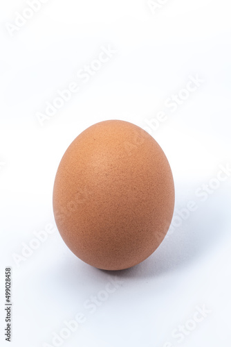 Egg standing upright on a white background. Closeup of egg shell texture.