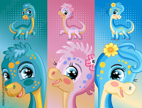Set of cute dinosaur diplodocus vertical background vector illustrations