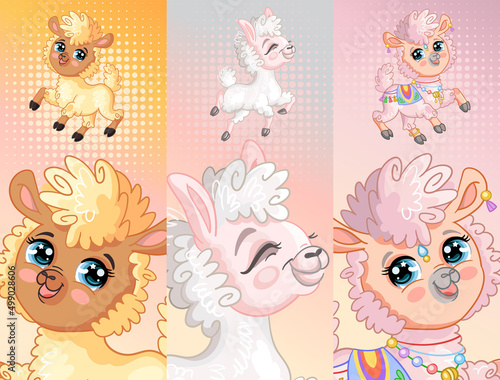 Set of cute llamas vertical background vector illustrations