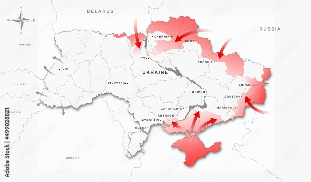 Ukraine and Russia military conflict. White map with captured territories and potential military attacks. Geopolitical infographics. Stand with Ukraine and stop war. Cartoon flat vector illustration