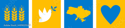 Ukraine Icon Set. Ukrainian dove of peace, home, wheat, The contour of Ukrainian map, blue yellow color theme. Support Ukraine Illustration. Vector. The concept of peace in Ukraine. No war
