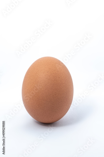 Egg standing upright on a white background. Closeup of egg shell texture.