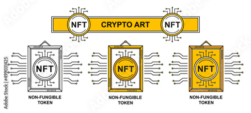 NFT non-fungible token, crypto art blockchain technology icon. Cryptocurrency virtual coin money. Sell unique collectibles internet painting. Electronic picture gallery, auction digital artwork vector