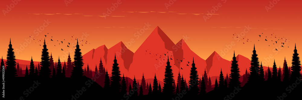 forest mountain landscape flat design vector illustration good for wallpaper,  background, desktop wallpaper, banner, web, game art, tourism, adventure,  and design template Stock Vector | Adobe Stock