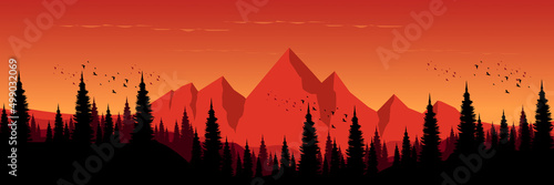forest mountain landscape flat design vector illustration good for wallpaper, background, desktop wallpaper, banner, web, game art, tourism, adventure, and design template