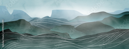 Abstract landscape background with mountains and hills with white lines waves in line style. Art banner with ink textures for wallpaper design, decor, print