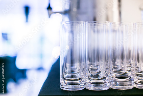 Empty glasses on a table bokeh close up