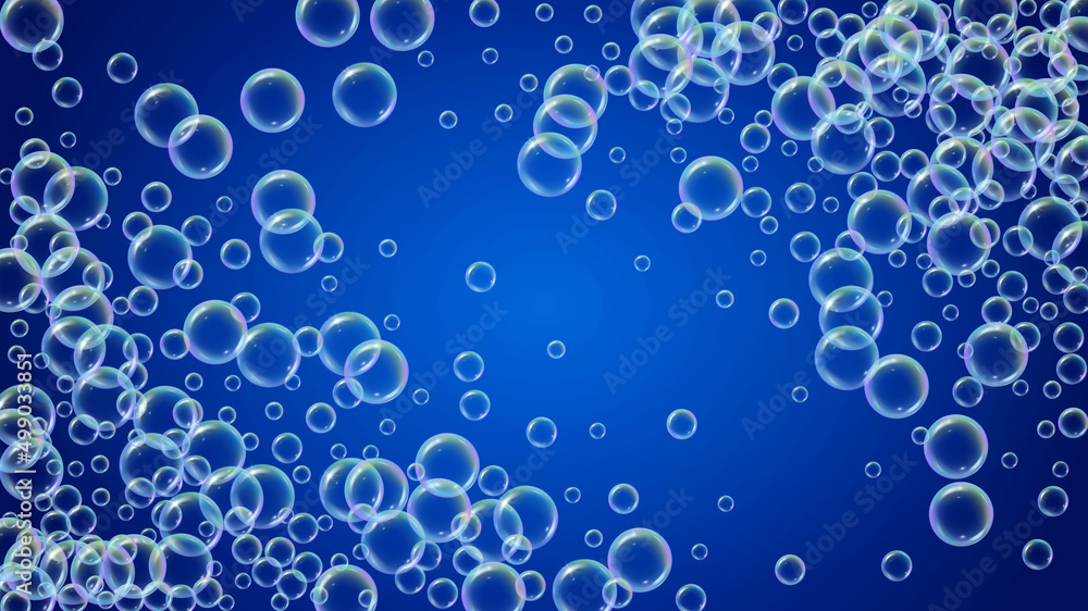 Suds bubble. Detergent bath foam and soap for bathtub. Shampoo. Blue fizz and splash. Realistic water frame and border. 3d vector illustration design. Rainbow colorful liquid suds.