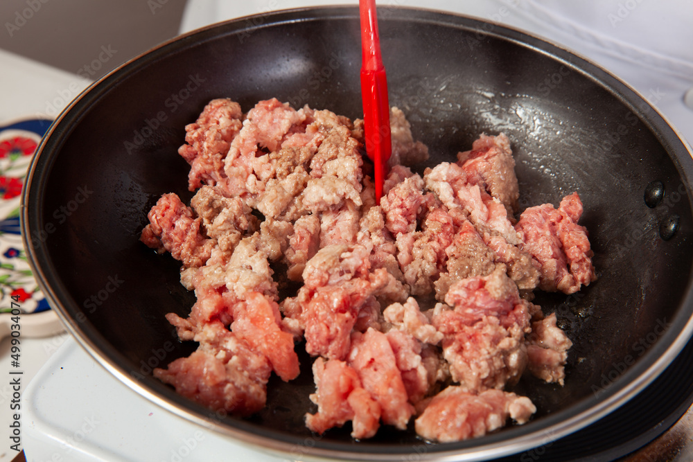 Preparation of ground beef with the traditional Colombian hogao or criollo sauce (salsa criolla) made of onion, tomato, peppers and cilantro Preparation of ground beef with the traditional Colombian hogao or criollo sauce (salsa criolla) made of onion, tomato, peppers and cilantro