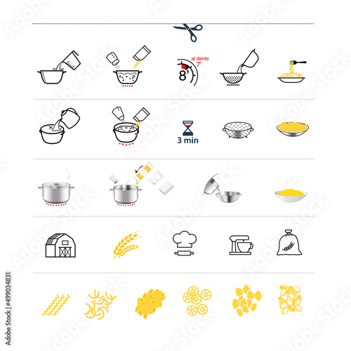 Cooking pasta preparation icon set. Set of different styles guideline. Vector elements on a white background. Ready for your design. EPS10.	