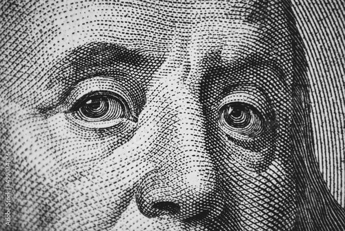 Hundred dollar bill macro texture, Franklin eyes closeup