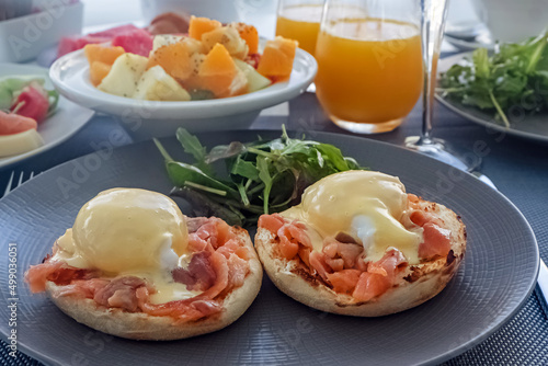 Poached eggs with smoked salmon close-up