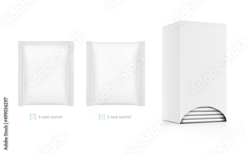 Realistic cardboard box with sachet mockup. Perspective view. Vector illustration isolated on white background. Ready for your design. EPS10.	