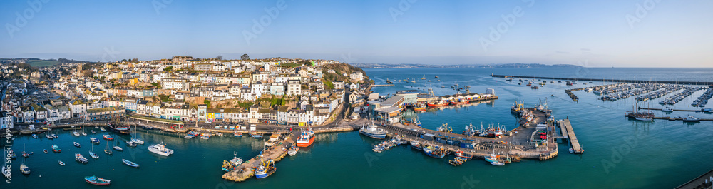 Sunrise over Brixham Marina and Harbour from a drone, Brixam, Devon, England, Europe
