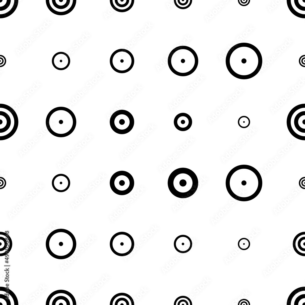 Naklejka premium Vector illustration. Geometric seamless pattern. Solid dots and linear circles in rows. Spotted black and white background. Simple monochrome abstract pattern.