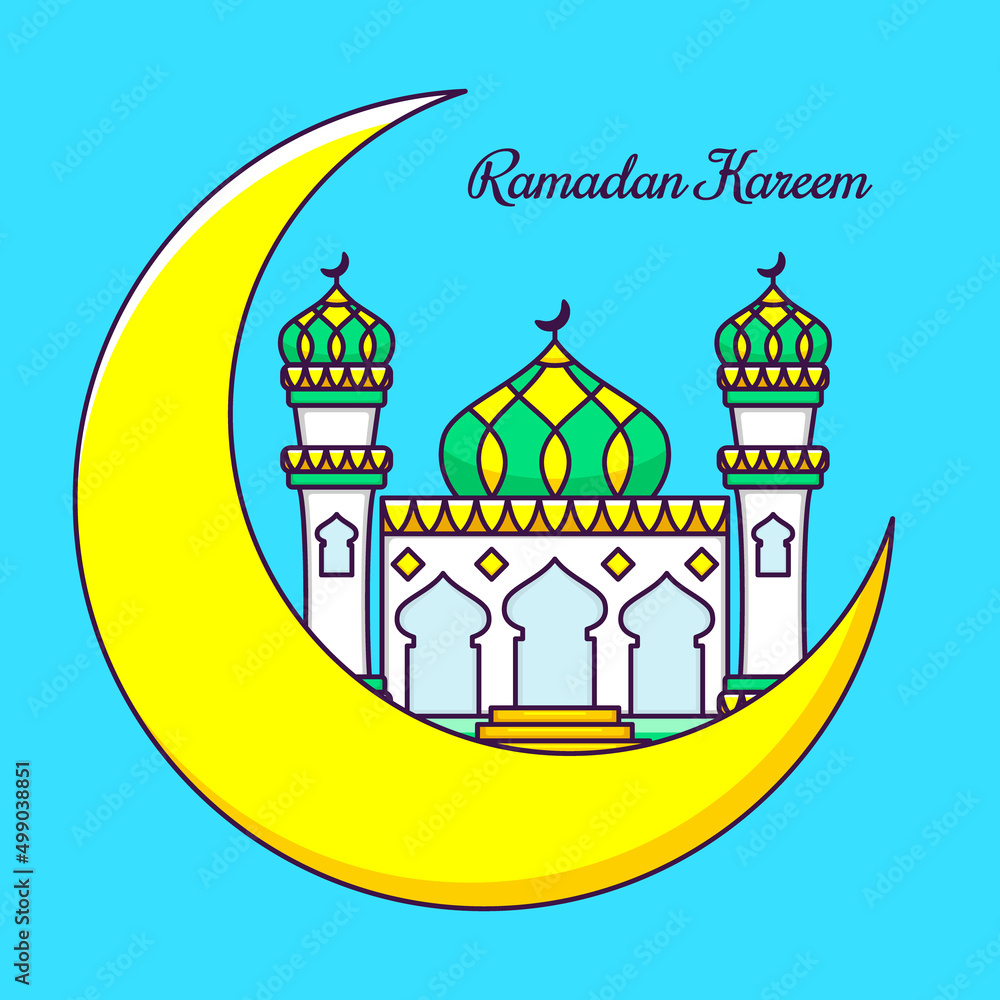 Cute Mosque Background with Crescent Moon in Cartoon. Ramadan Vector Illustration. Flat Style Concept.