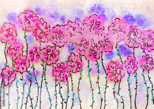 graffiti grunge floral illustration  pink watercolor pansies  handpainted flowers