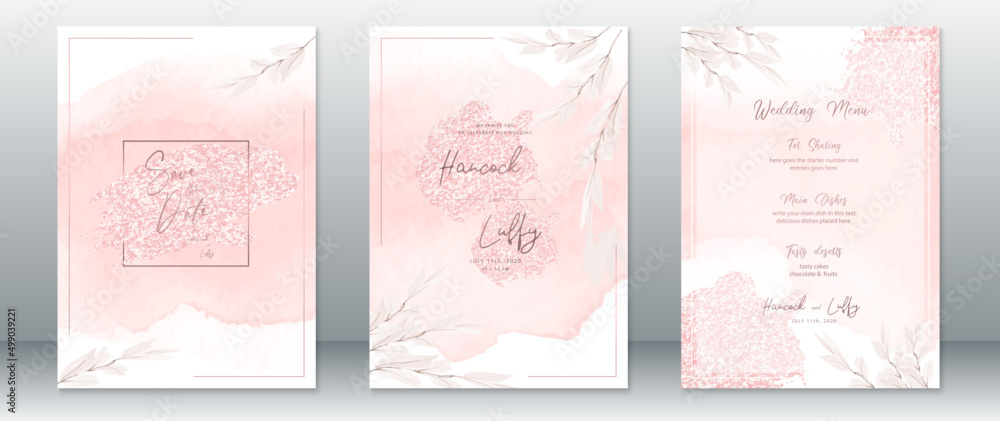 Wedding invitation card template elegant of pink watercolor background ...