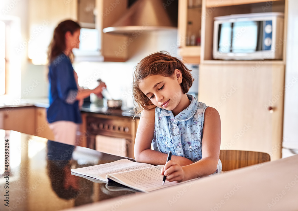Fototapeta premium Writing down all of Moms secret recipes. Cropped shot of a young girl writing in a book while her mom cooks in the background.