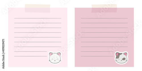 Szablon kartek do notatek. Puste strony notesu w linie z ilustracją słodkiego kotka. Planer z różowymi stronami.
