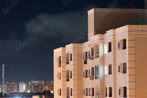 Residential building at night.