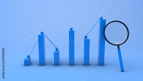 Business graph with magnifying glass on light blue background, concept of finance, data and statistic, 3D illustration (ID: 499040685)