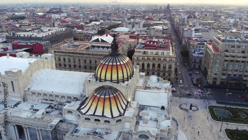 Aerial drone shot of sunrise in Mexico City, the capital of Mexico. Bellas Artes museo in Ciudad de Mexico, skyline photo