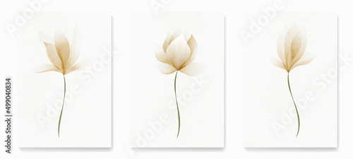 Floral watercolor background with white and beige magnolia flowers. Botanical art posters for decoration, interior design, print
