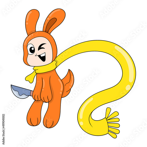 orange bunny holding a knife wearing a scarf, doodle icon image kawaii