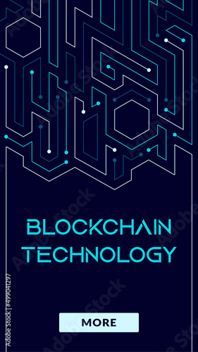 Blockchain technology concept, cryptocurrency. Working with tokens on the Internet, security. Futuristic background with elements in techno style microchips. Design banner template for web. Copyspace.