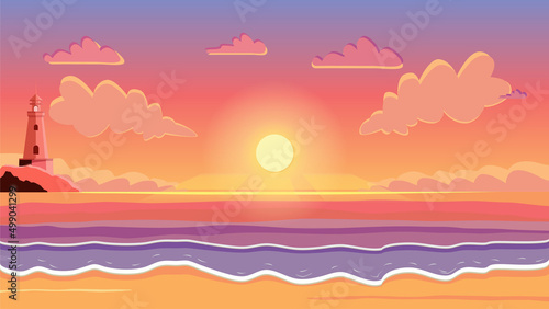Sunset with clouds and lighthouse in ocean. Vector Illustration