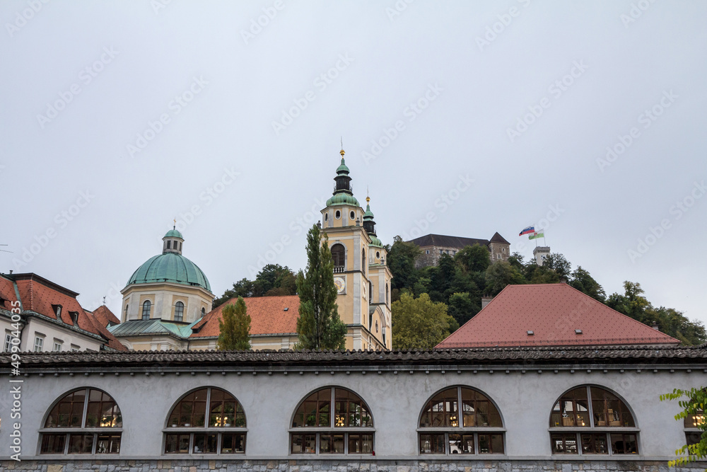 Obraz premium Central Market of Ljubljana, capital city of Slovenia, the Ljubljana Cathedral (Saint Nicholas Church) and Ljubljana Castle can be seen in the background, on Castle Hill above downtown.....