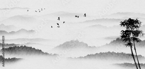 Chinese style ink landscape black and white landscape illustration