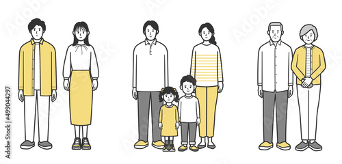 若い夫婦、カップルと子供を持つ夫婦と年配夫婦の全身イラスト