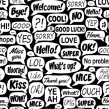 Black and white seamless pattern with cartoon speech bubbles with dialog words: happy, thanks, good, bye. Modern vector illustration.