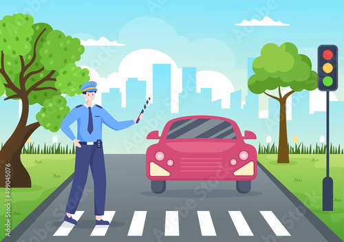 Police Officer Directing Traffic on the Road Vector Illustration with Standing and Wearing Uniform with Equipment Flat Cartoon Style