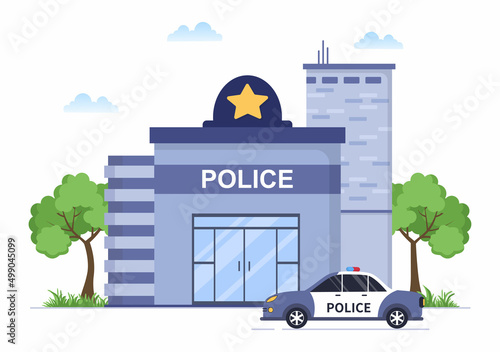 Police Station Department Building Vector Illustration with Policeman and Car on Flat Cartoon Style Background