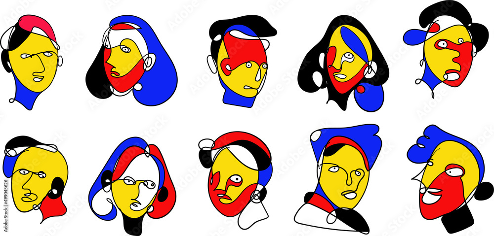 Vector doodle illustration continuous drawing of colorful people face  masker mask in pop art style in white background
