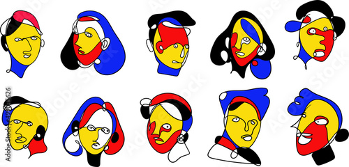 Vector doodle illustration continuous drawing of colorful people face  masker mask in pop art style in white background  © yahya
