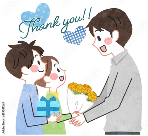 父親と子供達　プレゼントを渡す手描きイラスト