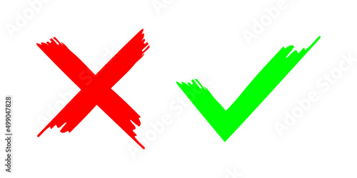 paintbrush green checkmark and Red cross isolated on white background. yes and no icon. Vector illustration.