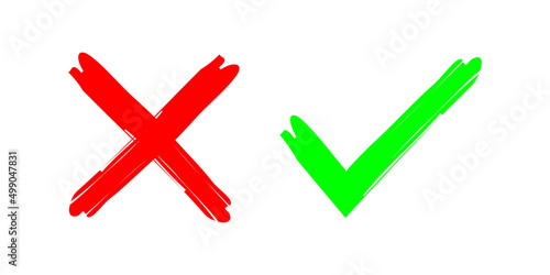 paintbrush green checkmark and Red cross isolated on white background. yes and no icon. Vector illustration.