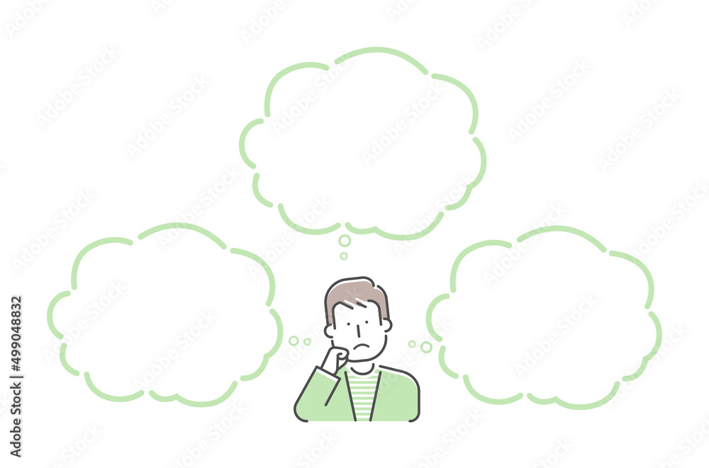 Vector illustration of a thinking man with speech bubbles..