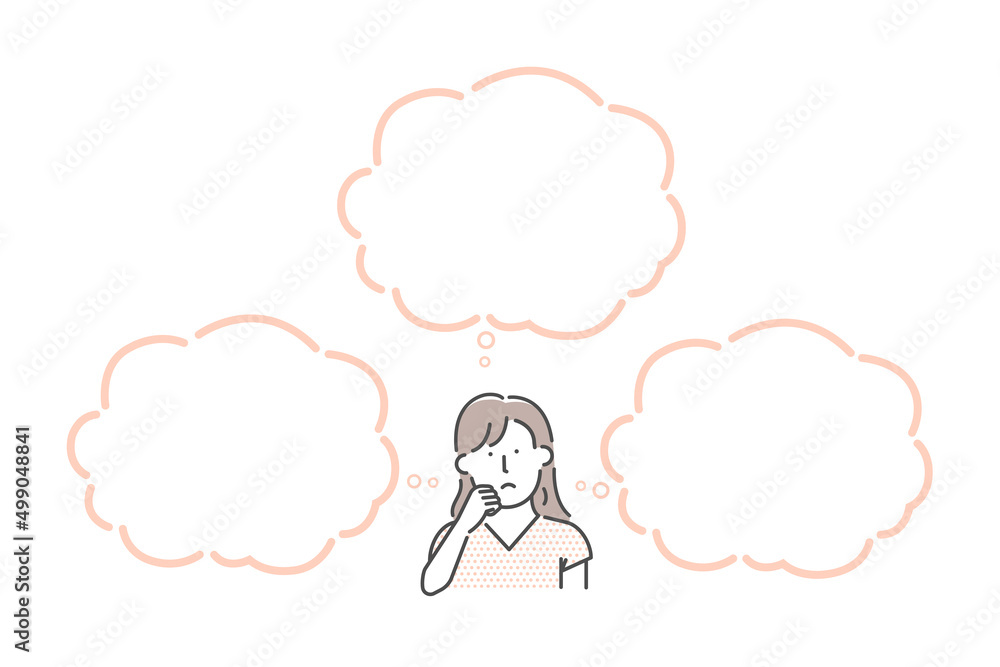 Vector illustration of a thinking woman with speech bubbles.. Vector illustration of a thinking woman with speech bubbles..